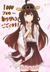 Rule 34 | 10s, 1girl, absurdres, ahoge, arm behind back, bare shoulders, black eyes, brown hair, brown thighhighs, closed mouth, cowboy shot, eyebrows, hand up, headgear, highres, kantai collection, key kun, kongou (kancolle), long hair, looking at viewer, milestone celebration, nontraditional miko, pink background, ribbon-trimmed sleeves, ribbon trim, sidelocks, smile, solo, standing, thigh gap, thighhighs, translation request, wide sleeves, zettai ryouiki
