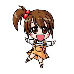 Rule 34 | 00s, 1girl, :d, blush stickers, brown eyes, brown hair, chibi, dress, full body, hair bobbles, hair ornament, kneehighs, kyon no imouto, long sleeves, looking at viewer, one side up, open mouth, orange dress, outstretched arms, pinafore dress, pocket, ponytail, raamen, short hair, side ponytail, simple background, sleeveless, sleeveless dress, smile, socks, solo, suzumiya haruhi no yuuutsu, sweater, white background, white sweater, yellow socks