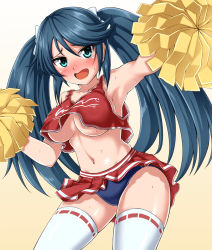 Rule 34 | 1girl, :d, armpits, blue eyes, blue hair, blush, breasts, buruma, cheerleader, collarbone, commentary request, crop top, furrowed brow, gradient background, hair between eyes, hair ribbon, highres, isuzu (kancolle), kantai collection, large breasts, long hair, looking at viewer, miniskirt, navel, nose blush, open mouth, outstretched arm, pleated skirt, pom pom (cheerleading), revision, ribbon, simple background, skirt, smile, solo, sportswear, sweat, thighhighs, twintails, very long hair, white background, white thighhighs, zanntetu