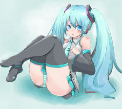 Rule 34 | 1girl, blue eyes, blue hair, blush, bow, detached sleeves, hair bow, haruyuki, hatsune miku, lying, matching hair/eyes, panties, solo, striped clothes, striped panties, thighhighs, twintails, underwear, vocaloid