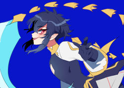 Rule 34 | 1boy, black hair, blue background, blush, facing to the side, fang, gloves, highres, koyashaka, looking at viewer, lord of heroes, mini wings, nine (dark), nine (lord of heroes), pale skin, pink eyes, pointy ears, smirk, tongue, tongue out, trap, wings