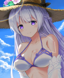 Rule 34 | 1girl, azur lane, bare shoulders, bikini, black ribbon, blue sky, blush, bow, bow bikini, braid, breasts, cleavage, closed mouth, cloud, day, flower, french braid, from below, hair between eyes, halterneck, hat, hat flower, hat ribbon, large breasts, light purple hair, long hair, looking at viewer, off shoulder, official alternate costume, outdoors, purple bow, purple eyes, ribbon, rodney (azur lane), rodney (future seaside admiral) (azur lane), shiny skin, sky, smile, solo, strap gap, straw hat, swimsuit, tokisaka ena, upper body