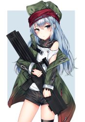 Rule 34 | 1girl, assault rifle, bad id, bad twitter id, bare shoulders, black shorts, black thighhighs, blush, brown eyes, buckle, bullpup, caseless firearm, clothing cutout, coat, g11 (girls&#039; frontline), girls&#039; frontline, green coat, green hat, gun, h&amp;k g11, hair between eyes, hat, highres, holding, horizontal magazine, long hair, looking at viewer, messy hair, open clothes, open coat, open mouth, outside border, personification, prototype design, red scarf, rifle, scarf, scarf on head, shirt, short shorts, shorts, shoulder cutout, sidelocks, silver hair, solo, strap, thighhighs, thighs, very long hair, weapon, white shirt, zerocat