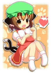 Rule 34 | 1girl, :d, animal ears, blush, brown eyes, brown hair, cat ears, cat tail, chen, earrings, fang, halftone, hat, heart, jewelry, multiple tails, open mouth, orange background, outline, paw pose, paw print, pila-pela, ribbon, smile, solo, spoken heart, tail, touhou