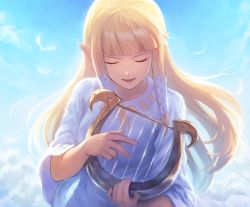 Rule 34 | 1girl, absurdres, bird, blonde hair, blue eyes, closed eyes, cloud, cloudy sky, collarbone, day, dress, eyelashes, feet, female focus, fingernails, happy, highres, instrument, long hair, long sleeves, lyre, music, neck, nintendo, no bra, open mouth, outdoors, playing instrument, pointy ears, princess zelda, sandals, sidelocks, sky, solo, standing, the legend of zelda, the legend of zelda: skyward sword, toga, tunic, white dress, white tunic, wide sleeves