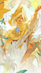Rule 34 | 1boy, absurdres, blonde hair, blue gemstone, brooch, closed eyes, cookie run, cowboy shot, facial mark, facing viewer, flower, flower with face, forehead mark, gem, hand up, highres, holding, holding staff, holding star, humanization, jewelry, light particles, lily (flower), male focus, molin, object floating above hand, open mouth, parted bangs, pillar, pointy hat, pure vanilla cookie, robe, short hair, solo, staff, standing, star (symbol), weibo logo, weibo username, white flower, white lily, white robe, wide sleeves, yellow cloak, yellow flower, yellow headwear