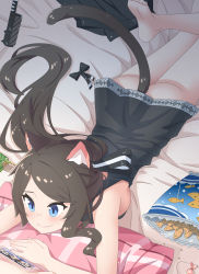 Rule 34 | 1girl, absurdres, aina (mao lian), animal ear fluff, animal ears, ass, bare arms, bare legs, bare shoulders, barefoot, black shirt, blue eyes, blush, breasts, brown hair, cat ears, cat tail, cellphone, chips (food), closed mouth, comb, food, hair spread out, highres, ice cream, long hair, looking at phone, lying, mao lian (nekokao), medium breasts, naked shirt, on stomach, original, phone, pillow, potato chips, shirt, sideboob, skirt, unworn skirt, smartphone, smile, soles, solo, tail