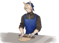 Rule 34 | 1boy, animal ears, apron, arknights, black shirt, blonde hair, blue apron, closed mouth, collared shirt, dough, grey necktie, hair over one eye, head scarf, highres, holding rolling pin, horse ears, long sleeves, male focus, mlynar (arknights), necktie, rolling pin, senjou no pentsu, shirt, simple background, sketch, solo, upper body, white background