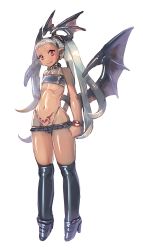 Rule 34 | 1girl, bare shoulders, belt bra, black legwear, black panties, blonde hair, blush, boots, bow (bhp), bracelet, clenched hands, closed mouth, dark-skinned female, dark skin, demon girl, demon wings, earrings, fang, fang out, flat chest, frilled panties, frills, full body, head wings, high heel boots, high heels, highleg, highleg panties, hoop earrings, jewelry, knee boots, long hair, looking at viewer, original, panties, pointy ears, ponytail, pubic tattoo, red eyes, simple background, smile, solo, standing, tattoo, underwear, very long hair, white background, wings