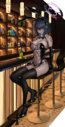 Rule 34 | 1girl, absurdres, ahoge, alcohol, alternate hairstyle, animal ears, b-pang, bar (place), bar stool, bare shoulders, black footwear, black gloves, black neckwear, black thighhighs, blue archive, blue hair, blush, bottle, bow, bowtie, breasts, chair, cleavage, closed mouth, counter, covered navel, cup, curvy, dark-skinned female, dark skin, detached collar, drinking glass, fake animal ears, full body, garter straps, gloves, hair between eyes, hairband, halo, high heels, highleg, highres, indoors, karin (blue archive), karin (bunny) (blue archive), large breasts, leotard, liquor, looking at viewer, meme attire, playboy bunny, rabbit ears, see-through, see-through leotard, short hair, sidelocks, sitting, skindentation, solo, stool, strapless, strapless leotard, table, tan, thighhighs, thighs, traditional bowtie, translucent bunnysuit, wide hips, wrist cuffs, yellow eyes