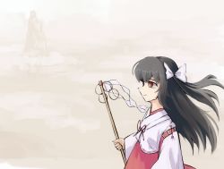 Rule 34 | 1girl, black hair, bow, character request, dd tachibana, detached sleeves, gohei, highres, japanese clothes, long hair, miko, original, red eyes, red ribbon, red skirt, ribbon, shirt, side ponytail, skirt, smile, touhou, white bow, white shirt, white sleeves, wide sleeves