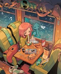 Rule 34 | 1girl, airplane interior, alien, backpack, bag, bottle, bowl, can, carles dalmau, chopsticks, city lights, closed eyes, commentary, cup, drink, eating, expressionless, flying saucer, food, food in mouth, from above, green sweater, highres, holding, holding chopsticks, jacket, long sleeves, night, noodles, orange hair, original, paper bag, plate, ramen, reflection, scarf, scenery, shoes, short hair, sitting, sneakers, solo, spacecraft, steam, sushi, sweat, sweater, swept bangs, symbol-only commentary, table, train interior, unworn backpack, unworn bag, unworn jacket, unworn scarf, unworn shoes, water bottle, window, zipper, zipper pull tab