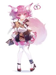 Rule 34 | 1girl, :&lt;, ?, animal ear fluff, animal ears, arknights, auuuie, black footwear, book, closed mouth, fox ears, fox girl, fox tail, hair between eyes, heart, heart-shaped pupils, high heels, highres, holding, holding book, long sleeves, pantyhose, pink hair, pink skirt, puffy long sleeves, puffy sleeves, red eyes, shadow, shamare (arknights), shirt, shoes, simple background, skirt, solo, spoken question mark, stuffed animal, stuffed dog, stuffed toy, symbol-shaped pupils, tail, torn clothes, torn sleeves, twintails, white background, white pantyhose, white shirt