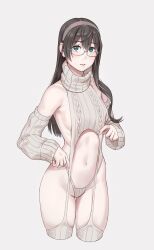 Rule 34 | 1girl, alternate costume, black hair, breasts, brown hairband, cowboy shot, cropped legs, detached sleeves, glasses, green eyes, groin, hair between eyes, hairband, highleg, highleg panties, highres, kantai collection, long hair, looking at viewer, medium breasts, meme attire, navel, ooyodo (kancolle), open mouth, panties, sideboob, simple background, solo, sweater, thighhighs, underwear, virgin destroyer sweater, white background, white panties, white sweater, white thighhighs, yuuji (and)