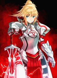 Rule 34 | 1girl, armor, bad id, bad pixiv id, blonde hair, breastplate, clarent (fate), fate/apocrypha, fate/grand order, fate (series), faulds, gauntlets, green eyes, grin, highres, izumo (ton 63), long hair, looking at viewer, mordred (fate), mordred (fate/apocrypha), pauldrons, pelvic curtain, ponytail, shoulder armor, smile, solo, sword, weapon