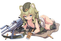 Rule 34 | 1girl, animal ear fluff, animal ears, bear ears, bear girl, blue eyes, boots, braid, breasts, clip (weapon), frown, gloves, green hair, hat, highres, holding clip (weapon), knee pads, long hair, looking at viewer, lying, nipple slip, nipples, on side, original, panties, ptrs-41, sgt-jz, simple background, small breasts, solo, tank top, thick eyebrows, underwear, white background