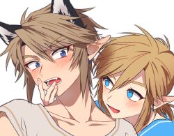 Rule 34 | 2boys, animal ear fluff, animal ears, blonde hair, blue eyes, blue shirt, blush, cat ears, collarbone, dual persona, earrings, fang, fingernails, grey shirt, hair between eyes, hand on another&#039;s face, hands up, jewelry, light brown hair, link, looking at another, loz 017, male focus, multiple boys, nintendo, open mouth, pointy ears, selfcest, shirt, short hair, short sleeves, simple background, smile, teeth, the legend of zelda, tongue, upper body, white background, yaoi