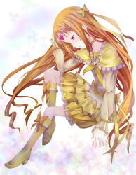 Rule 34 | 10s, 1girl, boots, bow, brooch, choker, circlet, cure muse, cure muse (yellow), dress, frills, full body, hair ribbon, heart, highres, jewelry, knee boots, long hair, orange hair, precure, purple eyes, ribbon, shichouson, shirabe ako, sitting, skirt, solo, suite precure, yellow bow, yellow dress, yellow skirt