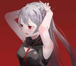 Rule 34 | 1girl, absurdres, ao oni (onioni-aoi), arknights, armpits, arms behind head, arms up, averting eyes, bare arms, black dress, blush, cleavage cutout, clothing cutout, commentary request, cross, dress, embarrassed, fang, greek cross, grey hair, highres, long hair, looking to the side, open mouth, portrait, red background, red eyes, simple background, sleeveless, sleeveless dress, slit pupils, solo, sweat, warfarin (arknights)