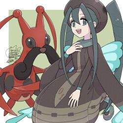 Rule 34 | 1girl, :d, border, bug miku (project voltage), commentary request, creatures (company), dress, game freak, gen 4 pokemon, green background, green eyes, green hair, grey footwear, hair between eyes, hand up, hat, hatsune miku, kneeling, kricketune, long hair, long sleeves, nintendo, open mouth, pantyhose, pokemon, pokemon (creature), project voltage, sagemaru-br, shoes, smile, teeth, tongue, upper teeth only, vocaloid, white border