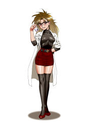 Rule 34 | 1girl, breasts, brown hair, female focus, glasses, lab coat, long hair, looking at viewer, minazuki juuzou, miniskirt, pencil skirt, simple background, skirt, sleeves rolled up, smile, solo, standing, thighhighs, white background, zettai ryouiki