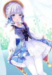 Rule 34 | 1girl, :d, ayaka (genshin impact), blue dress, blue eyes, blue hair, braid, breasts, brown headwear, commentary request, curtains, dress, fuuna, genshin impact, hair bun, highres, kamisato ayaka, kamisato ayaka (springbloom missive), long sleeves, looking at viewer, official alternate costume, official alternate hairstyle, open mouth, pantyhose, pleated skirt, puffy long sleeves, puffy sleeves, skirt, sleeves past wrists, small breasts, smile, solo, white pantyhose, white skirt, window