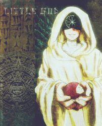 1girl apple aztec_glyphs aztec_mythology cuneiform dingir english_text eye_mask food food_bite fruit highres lonesomnia offering_hand original robe solo white_robe