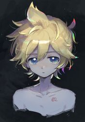 Rule 34 | 1boy, bishounen, black background, blonde hair, blue eyes, blush, chest tattoo, collarbone, commentary, cropped torso, expressionless, hair between eyes, highres, kagamine len, male focus, messy hair, number tattoo, octopachi, pale skin, short hair, short ponytail, simple background, tattoo, topless male, upper body, vocaloid