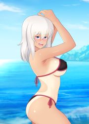 Rule 34 | 1girl, absurdres, arms up, bikini, black bikini, blue eyes, blue sky, blurry, blurry background, blush, breasts, commentary, cowboy shot, day, depth of field, from side, frown, girls und panzer, grey hair, halterneck, highres, horizon, iteza (flapper girl 25), itsumi erika, looking at viewer, medium breasts, medium hair, ocean, one-piece tan, open mouth, outdoors, shore, side-tie bikini bottom, sky, solo, standing, string bikini, swimsuit, tan, tanline