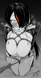 Rule 34 | 1girl, absurdres, arms behind back, bdsm, blush, bondage, bound, bound arms, breast bondage, breasts, breath, cleavage, constricted pupils, crotch rope, drooling, emperor penguin (kemono friends), full body, greyscale, groin, hair over one eye, headphones, highleg, highleg leotard, highres, jacket, kemono friends, kneeling, large breasts, leotard, long hair, looking at object, looking down, monochrome, mouth drool, multicolored hair, nose blush, open mouth, pussy juice, red hair, rope, shibainu goro, shibari, shibari over clothes, shiny skin, skindentation, solo, spot color, streaked hair, sweat, thigh gap, thighhighs, very long hair, yellow eyes