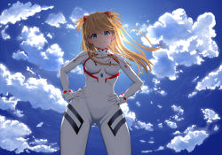 Rule 34 | 1girl, backlighting, blonde hair, blue eyes, blue sky, bodysuit, breasts, cameltoe, closed mouth, cloud, commentary request, covered navel, day, evangelion: 3.0+1.0 thrice upon a time, from below, gibun (sozoshu), gloves, gluteal fold, hair ornament, hands on own hips, highres, long hair, looking at viewer, looking down, medium breasts, neon genesis evangelion, outdoors, plugsuit, rebuild of evangelion, resolution mismatch, skin tight, sky, smile, solo, source smaller, souryuu asuka langley, standing, thigh gap, white bodysuit, white gloves