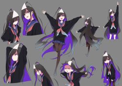 Rule 34 | &gt;:), 1girl, :d, = =, absurdres, ahoge, arms behind head, arms up, black hair, black shirt, blue neckerchief, blue sailor collar, blue skirt, blush, brown pantyhose, closed eyes, closed mouth, collarbone, grey background, highres, long hair, long sleeves, multicolored hair, multiple views, neckerchief, no shoes, nose blush, open mouth, original, outstretched arms, pantyhose, parted lips, pleated skirt, puffy long sleeves, puffy sleeves, purple eyes, purple hair, red neckerchief, sailor collar, shirt, simple background, skirt, sleeves past wrists, smile, spread arms, standing, standing on one leg, tama (tama-s), tears, teeth, triangular headpiece, two-tone hair, upper teeth only, v-shaped eyebrows, very long hair, wavy mouth, white headwear, yurako-san (tama)