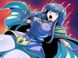 Rule 34 | 1girl, blue hair, blush, breasts, cape, covered erect nipples, from below, gloves, gradient background, green eyes, groin, highres, hime cut, large breasts, legs, long hair, looking at viewer, open mouth, outstretched arms, serious, simple background, slayers, solo, standing, sylphiel nels lahda, thighs, tukiwani