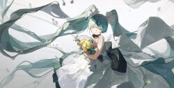 Rule 34 | 1girl, anniversary, aqua hair, artist name, beamed eighth notes, black choker, bouquet, chinese commentary, choker, closed eyes, commentary, dated, dress, flower, guguzi, hatsune miku, holding, holding bouquet, long hair, musical note, orange flower, red flower, sleeveless, sleeveless dress, smile, solo, twintails, very long hair, vocaloid, white dress, yellow flower