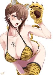Rule 34 | 1girl, absurdres, animal ears, animal hands, animal print, artist name, bikini, breasts, brown eyes, brown hair, chinese zodiac, cleavage, commentary, facial mark, fake animal ears, fake tail, fang, girls und panzer, gloves, half-closed eyes, halterneck, head tilt, highres, large breasts, leaning forward, looking at viewer, mole, mole on breast, new year, nishizumi maho, open mouth, paw gloves, paw pose, print bikini, print thighhighs, short hair, signature, simple background, solo, standing, string bikini, swimsuit, tail, tatami san tatami, thighhighs, tiger ears, tiger print, tiger tail, translated, whisker markings, white background, year of the tiger, yellow bikini, yellow thighhighs