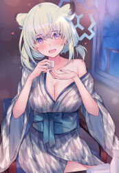 Rule 34 | 1girl, animal ears, bath yukata, blue archive, blue halo, blush, breasts, cleavage, cup, fingernails, green hair, hair between eyes, halo, highres, holding, holding cup, japanese clothes, kimono, large breasts, looking at viewer, mi taro333, nail polish, official alternate costume, open mouth, purple eyes, purple nails, shigure (blue archive), shigure (hot spring) (blue archive), short hair, smile, solo, weasel ears, wide sleeves, yukata