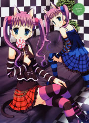 Rule 34 | 2girls, absurdres, animal ears, blue eyes, candy, cat ears, character request, food, highres, lollipop, multiple girls, naruse mamoru, non-web source, purple hair, scrunchie, siblings, sisters, source request, striped clothes, striped legwear, striped thighhighs, swirl lollipop, thighhighs, twintails