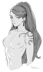 Rule 34 | 1girl, arm tattoo, braid, breasts, collarbone, completely nude, earrings, expressionless, fire emblem, fire emblem: three houses, greyscale, ikarin, jewelry, long hair, medium breasts, monochrome, nintendo, nude, petra macneary, solo, standing, tattoo, white background