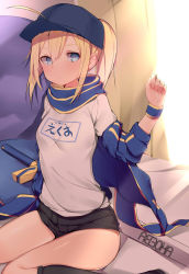 Rule 34 | 1girl, absurdres, ahoge, amoeba yuanchong, artist name, artoria pendragon (all), artoria pendragon (fate), bare legs, baseball cap, black socks, blonde hair, blue eyes, blue hat, breasts, fate/grand order, fate (series), hat, highres, kneehighs, looking at viewer, mysterious heroine x (fate), ponytail, saber (fate), shirt, short hair, short ponytail, short sleeves, shorts, sitting, small breasts, socks, solo, sword, thick thighs, thighs, wariza, weapon, white shirt