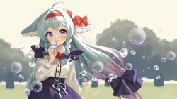 Rule 34 | 1girl, ahoge, animal ear fluff, animal ears, blue bow, blush, bow, braid, breasts, bubble, bubble wand, chobi (penguin paradise), collared shirt, copyright request, dress shirt, gradient hair, grey hair, hair bow, hair intakes, hairband, hand up, highres, holding, long sleeves, looking at viewer, multicolored hair, outdoors, pleated skirt, puffy long sleeves, puffy sleeves, purple eyes, purple hair, purple skirt, red bow, red hairband, see-through, see-through sleeves, shirt, skirt, small breasts, smile, solo, tree, twin braids, virtual youtuber, white shirt