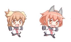 Rule 34 | 10s, 2girls, :d, aged down, animal ears, black legwear, brown eyes, dress, fake animal ears, fang, folded ponytail, gale kawaii, hair ornament, hairclip, ikazuchi (kancolle), inazuma (kancolle), kantai collection, long hair, long sleeves, multiple girls, neckerchief, open mouth, ponytail, sailor dress, short hair, simple background, skin fang, sleeves past wrists, smile, thighhighs, white background