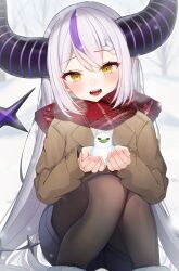 Rule 34 | 1girl, alternate costume, black horns, blush, braid, braided bangs, breath, brown pantyhose, em 0801, grey hair, highres, holding, hololive, horns, jacket, la+ darknesss, long hair, long sleeves, multicolored hair, open mouth, pantyhose, pointy ears, purple hair, red scarf, scarf, shorts, sitting, slit pupils, snow, streaked hair, striped horns, very long hair, virtual youtuber, yellow eyes