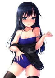 Rule 34 | 10s, 1girl, asashio (kancolle), bare shoulders, black hair, black thighhighs, blue eyes, blue one-piece swimsuit, blush, breasts, closed mouth, clothes pull, collarbone, competition school swimsuit, cowboy shot, dress, dress pull, highres, kantai collection, lifted by self, long hair, looking at viewer, one-piece swimsuit, one-piece swimsuit pull, pinafore dress, pulled by self, satou kuuki, school swimsuit, school uniform, sidelocks, simple background, sleeveless, sleeveless dress, small breasts, smile, solo, strap pull, swimsuit, swimsuit under clothes, thighhighs, wet, white background