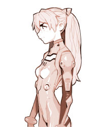 Rule 34 | 1girl, bodysuit, commentary, effy neprin, english text, freckles, from side, highres, interface headset, long hair, looking to the side, neon genesis evangelion, pilot suit, plugsuit, profile, sepia, simple background, solo, souryuu asuka langley