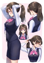 Rule 34 | 1girl, :o, amagi shino, artist name, blue skirt, blue vest, blush, brown hair, closed mouth, collared shirt, dress shirt, hair tie, hair tie in mouth, hands up, highres, long hair, long sleeves, looking at viewer, mouth hold, multiple views, neckerchief, office lady, original, parted lips, pencil skirt, pink background, pink neckerchief, ponytail, purple eyes, receptionist girl (amagi shino), shirt, signature, simple background, skirt, smile, solo, standing, tying hair, upper body, vest, white shirt