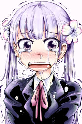Rule 34 | 10s, 1girl, absurdres, bad id, bad pixiv id, blush, crying, crying with eyes open, flower, hair flower, hair ornament, highres, long hair, looking at viewer, new game!, open mouth, purple eyes, purple hair, simple background, snot, sobbing, solo, suzukaze aoba, tears, teeth, tmr, trembling, twintails, white background