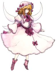 Rule 34 | 1girl, absurdres, bad id, bad pixiv id, blonde hair, curly hair, female focus, frills, full body, hat, highres, luna child, multiple wings, okunin, painting (medium), ribbon, shoes, short hair, smile, solo, touhou, traditional media, transparent background, watercolor (medium), wide sleeves, wings, yellow eyes