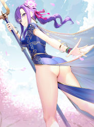 Rule 34 | 1girl, ass, bare legs, blue sky, blush, bracelet, breasts, cherry blossoms, china dress, chinese clothes, clothes between thighs, cloud, commentary, day, dress, earrings, fate/grand order, fate (series), flower, from behind, from below, hair flower, hair ornament, highres, holding, holding weapon, jewelry, large breasts, long hair, looking at viewer, lotus, matou sakura, necklace, no panties, one side up, outdoors, parvati (fate), pelvic curtain, petals, polearm, purple eyes, purple hair, ribbon, ririko (zhuoyandesailaer), short sleeves, side ponytail, side slit, sky, smile, solo, tree, trident, weapon