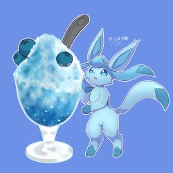 Rule 34 | absurdres, animal focus, artist name, blue background, blue eyes, blue hair, blue theme, blueberry, creatures (company), cup, dessert, drinking glass, food, food focus, fruit, full body, game freak, gen 4 pokemon, glaceon, highres, ice, japanese text, kryztar, long hair, looking up, nintendo, no humans, open mouth, outline, oversized food, oversized object, pokemon, pokemon (creature), shaved ice, signature, simple background, solo, spoon, standing, twintails, white outline