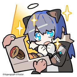 Rule 34 | 1girl, :o, arknights, black jacket, blue eyes, blue hair, box, chibi, commentary request, company name, cropped torso, doughnut, food, fur-trimmed jacket, fur trim, gloves, halo, horns, jacket, line (naver), long hair, mostima (arknights), official art, simple background, sparkle, sparkling eyes, upper body, watermark, white background, white gloves